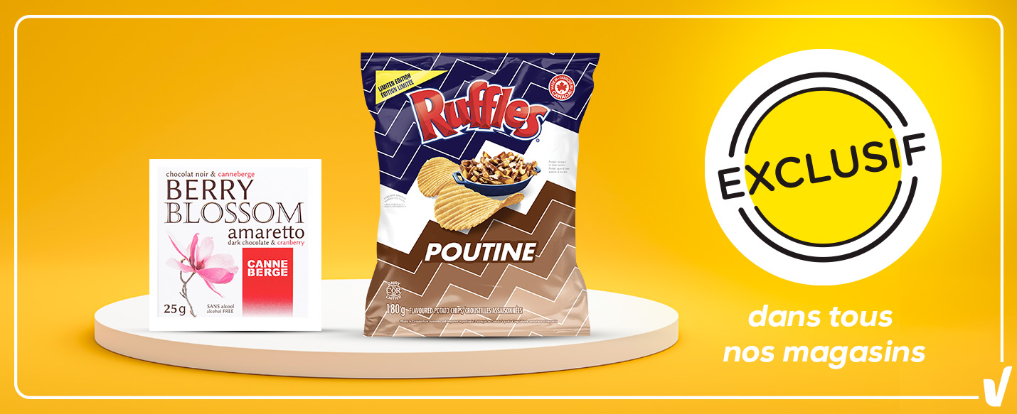 Lecture de texte : « Poutine exclusive aux baies, à l'amaretto et aux volants. Disponible à découvrir en magasin. »